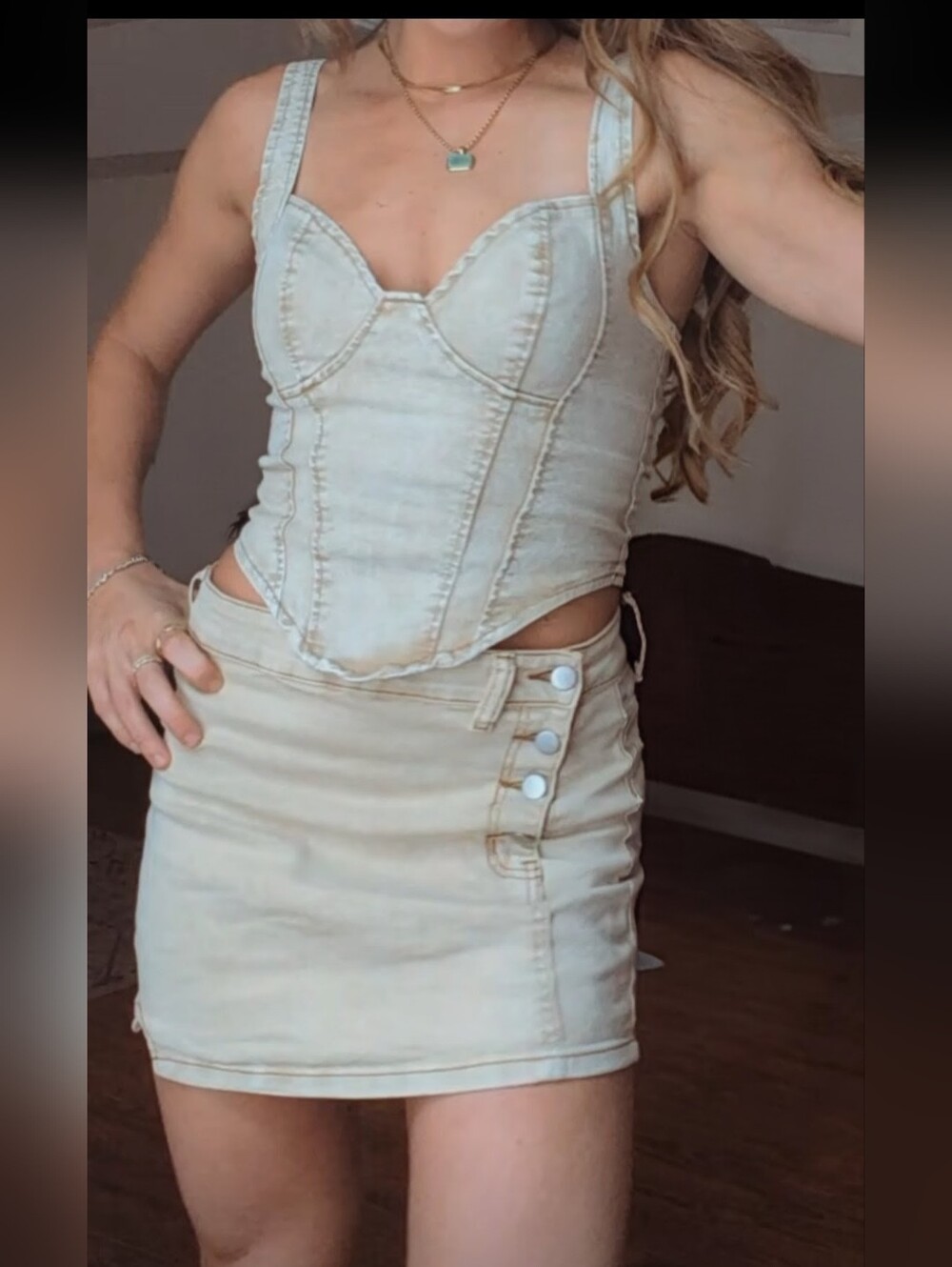 Cream Denim Corset & Mini Skirt Set, Size Small- Coastal Cowgirl